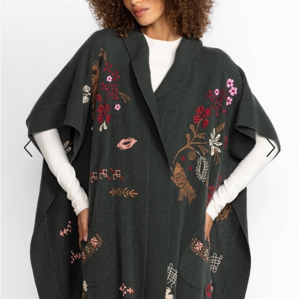 Johnny Was ZuZu Cape Floral Bird Embroidered Wool Cashmere Duster Sweater Hood - Picture 3 of 14